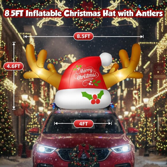 ⚡8.5FT Christmas Inflatable Santa Hat Reindeer Antler Car Outdoor Decoration - Picture 2 of 6